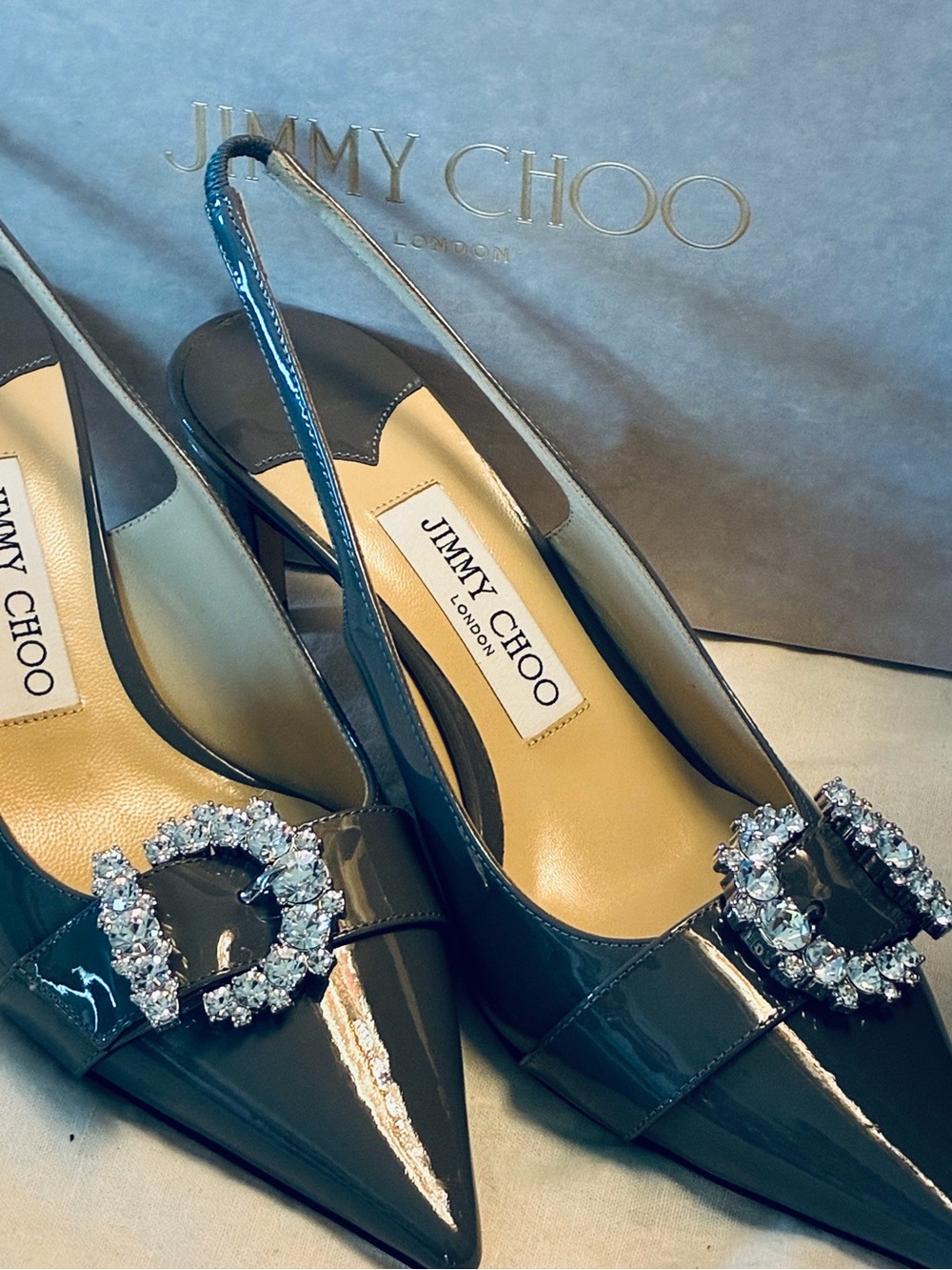 ✨ Jimmy Choo Cheri SB65 Patent Slingback Pointed Toe Pumps w Crystal Buckle NWT - Picture 6 of 17